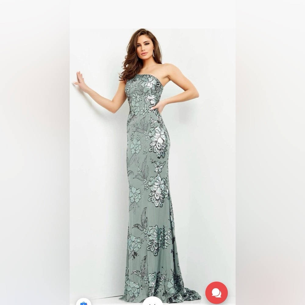 Jovani One Shoulder Floral Gown in Silver and Green NWOT Never Worn